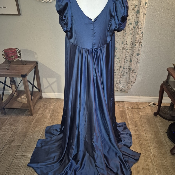 Regency / Bridgerton BallElegant Blue Satin Dress - Picture 2 of 4